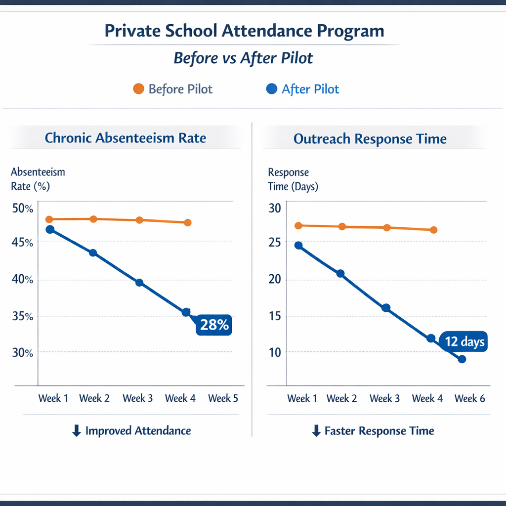 Before-vs-after pilot KPI chart for chronic absence and outreach latency
