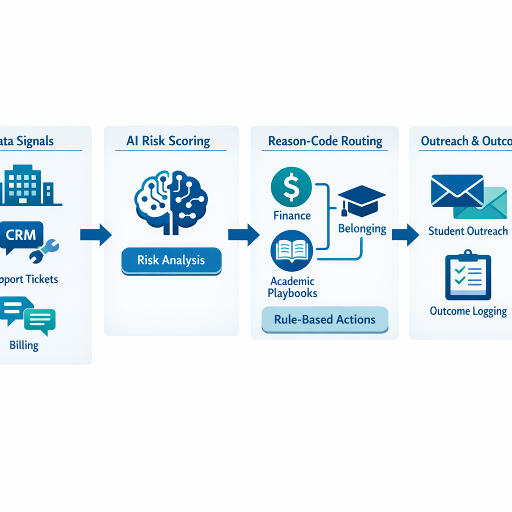 Workflow showing private-school re-enrollment risk signals, AI reason-code scoring, playbook routing, and intervention tracking