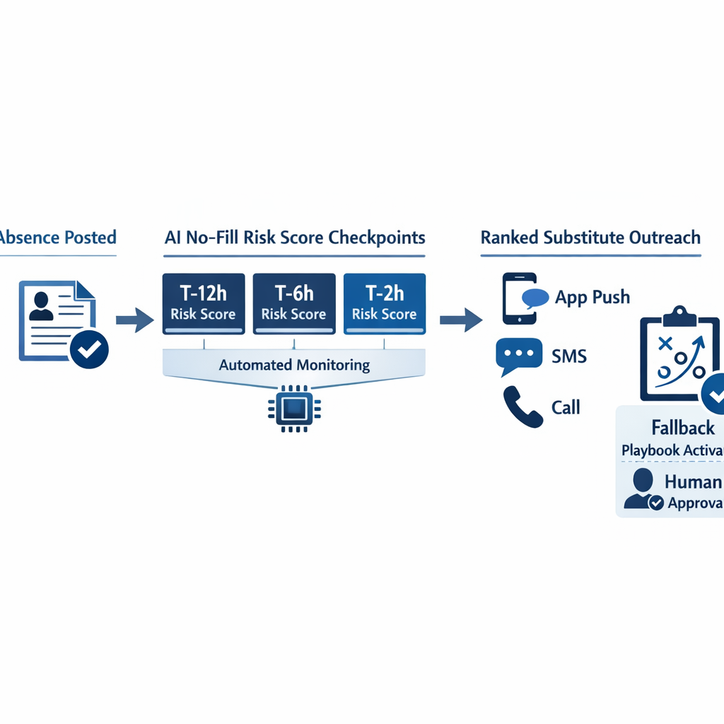 Workflow showing absence posted, AI risk scoring, ranked outreach, and fallback playbook activation